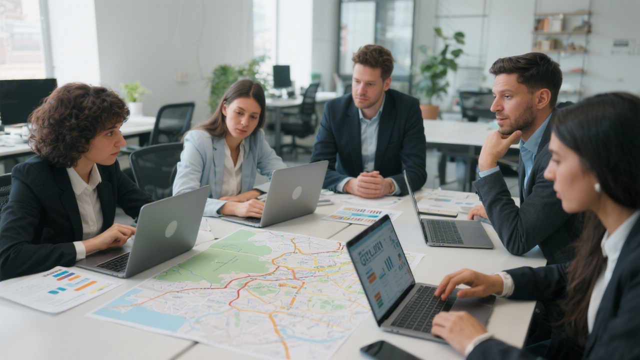 Small group of professionals in a modern workspace reviewing local SEO reports on laptops, discussing strategies with printed maps of Granada.
