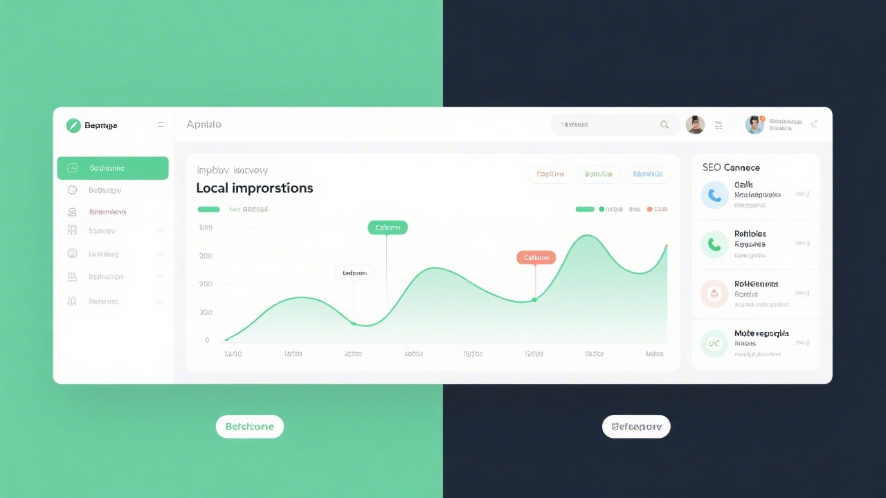 Split visual of analytics dashboard showing improved local impressions, calls and route requests over several months, representing before and after SEO changes.