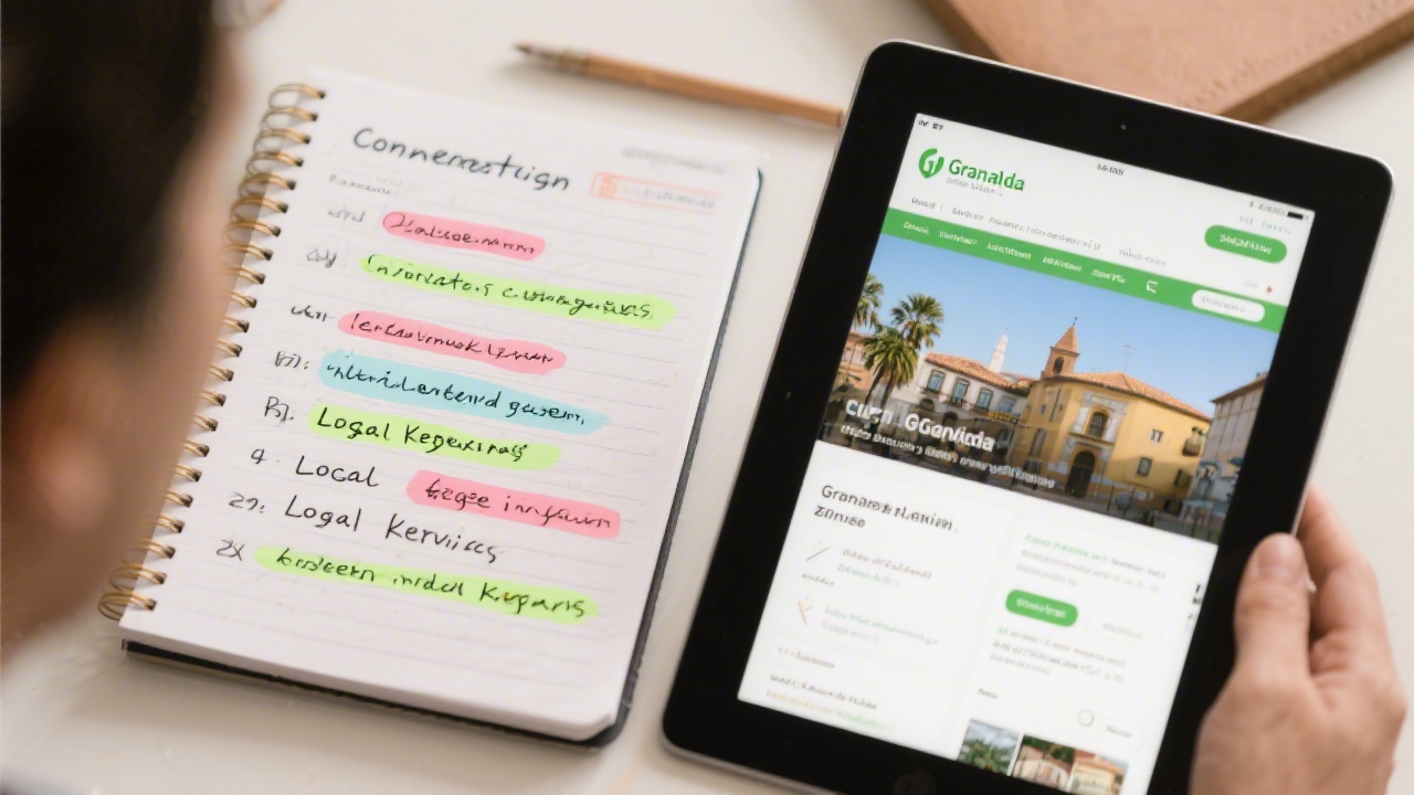 Notebook with content planning, local keywords highlighted, and a tablet showing a local service webpage for Granada.