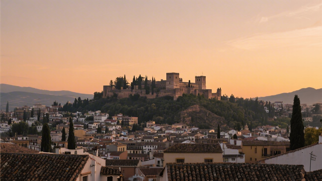 Wide view of Granada city with the Alhambra on a hill, rooftops in the foreground and a warm dusk sky, representing local search visibility.