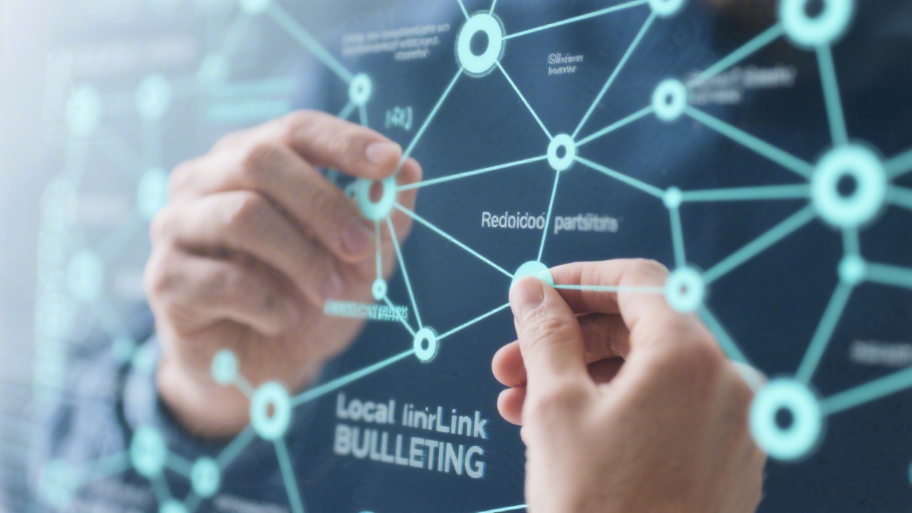 Close-up of a person connecting nodes on a digital network diagram, symbolizing local link building with regional partners.