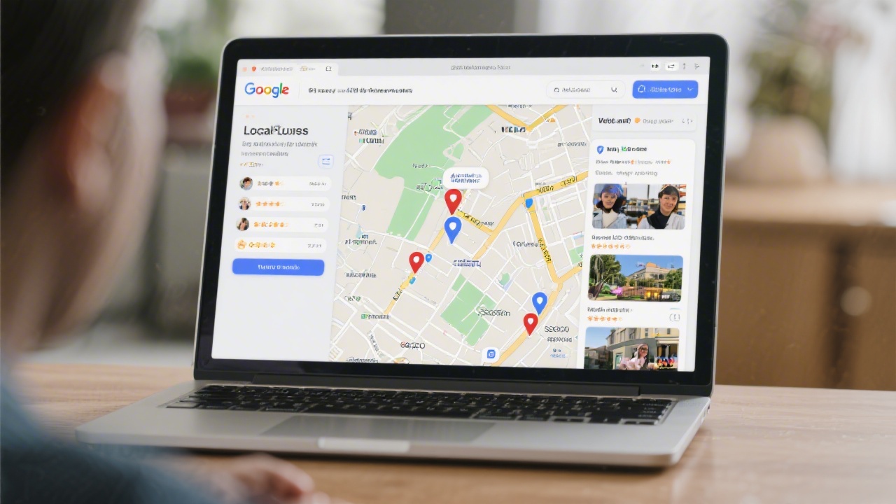 Laptop screen showing a local business profile on Google Maps with address, reviews, photos and map pins, highlighting local SEO work.