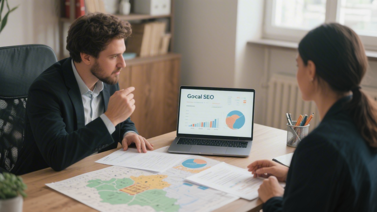 Professional consultant reviewing local SEO documents with a client at a desk, laptop open with analytics and Granada map on the table.
